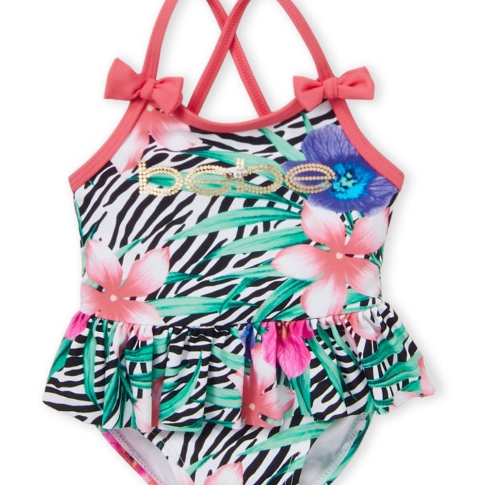 bebe Pink Infant Baby Swimsuit Safari Ruffle One-Piece Tropical Bathing Suit NEW